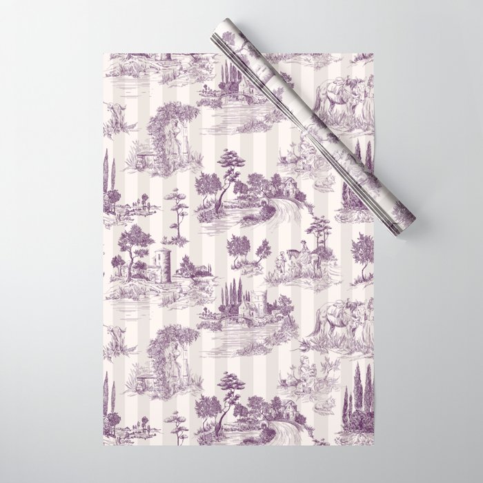 Toile de Jouy French Vintage Pastoral Plum & Cream Stripe Wrapping Paper Gallery Image 1