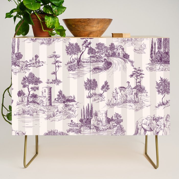 Toile de Jouy French Vintage Pastoral Plum & Cream Stripe Credenza Gallery Image 1