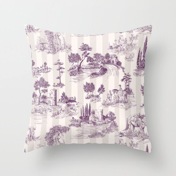 Toile de Jouy French Vintage Pastoral Plum & Cream Stripe Throw Pillow Gallery Image 6