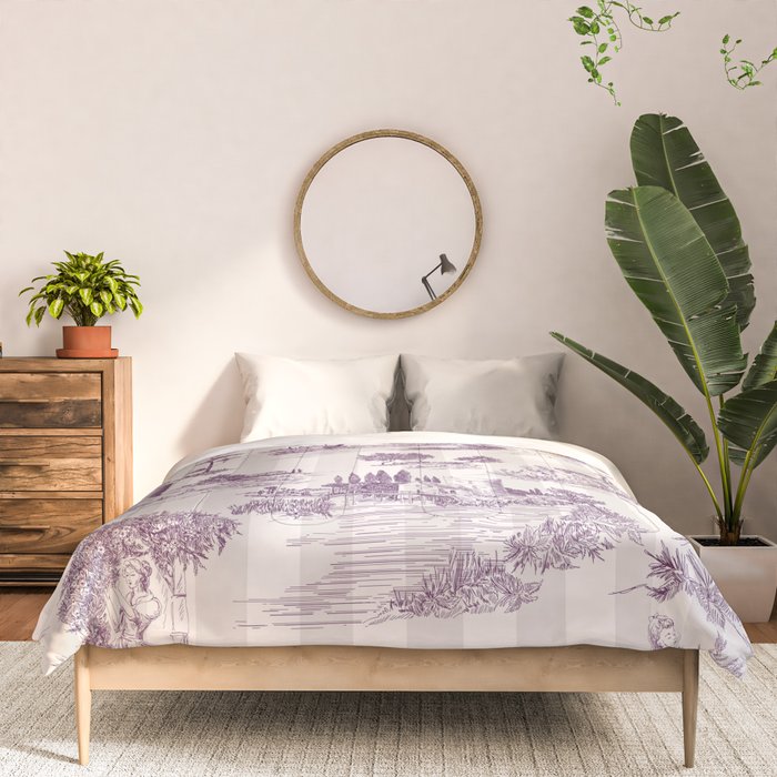 Toile de Jouy French Vintage Pastoral Plum & Cream Stripe Comforter Gallery Image 3