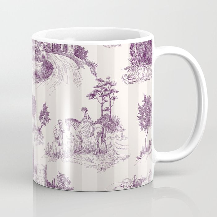 Toile de Jouy French Vintage Pastoral Plum & Cream Stripe Coffee Mug Gallery Image 1