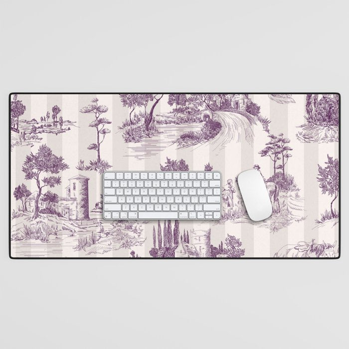 Toile de Jouy French Vintage Pastoral Plum & Cream Stripe Desk Mat Gallery Image 1