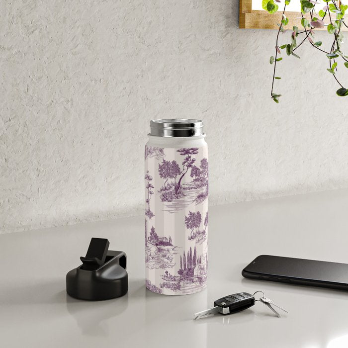 Toile de Jouy French Vintage Pastoral Plum & Cream Stripe Water Bottle Gallery Image 4