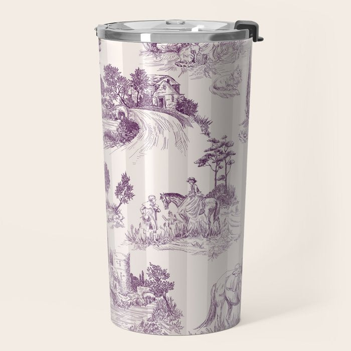 Toile de Jouy French Vintage Pastoral Plum & Cream Stripe Travel Mug Gallery Image 2