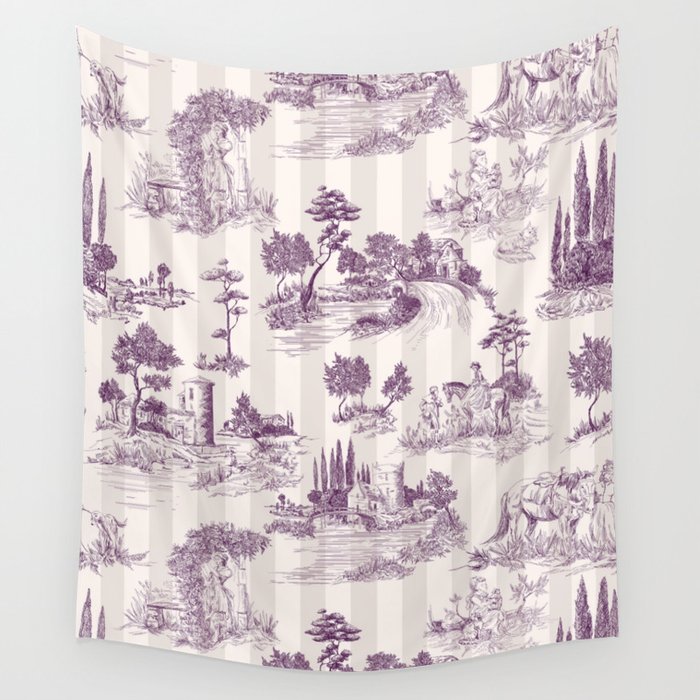 Toile de Jouy French Vintage Pastoral Plum & Cream Stripe Wall Tapestry Gallery Image 1