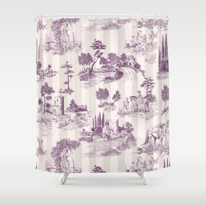 Toile de Jouy French Vintage Pastoral Plum & Cream Stripe Shower Curtain Gallery Image 1