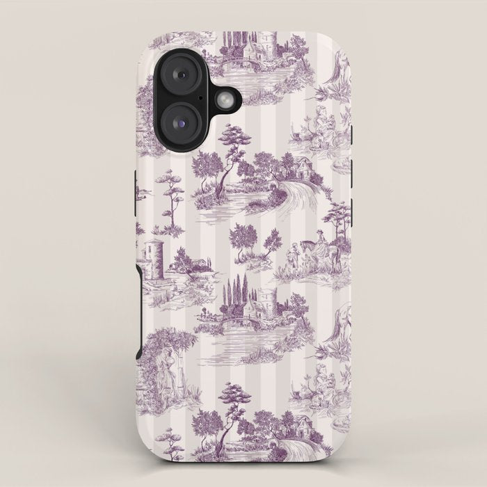 Toile de Jouy French Vintage Pastoral Plum & Cream Stripe iPhone Case Gallery Image 1