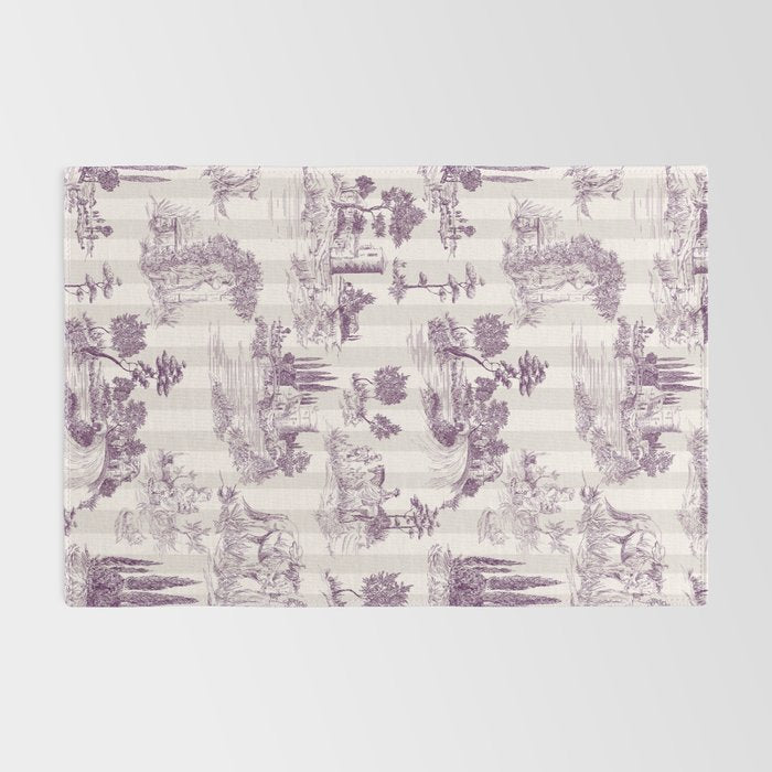 Toile de Jouy French Vintage Pastoral Plum & Cream Stripe Rug Gallery Image 2