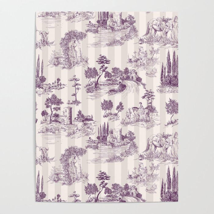 Toile de Jouy French Vintage Pastoral Plum & Cream Stripe Poster Gallery Image 4