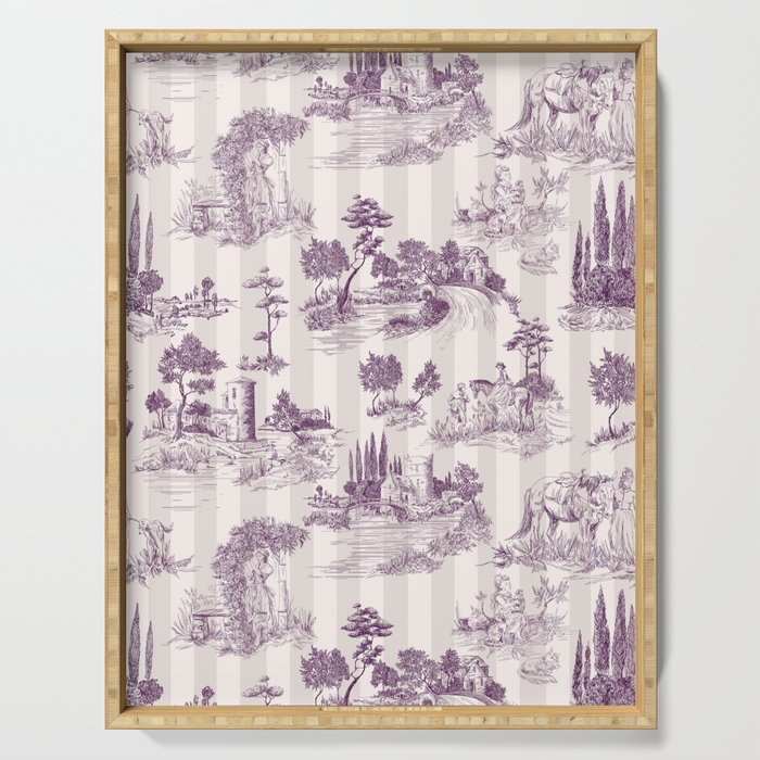 Toile de Jouy French Vintage Pastoral Plum & Cream Stripe Serving Tray Gallery Image 1