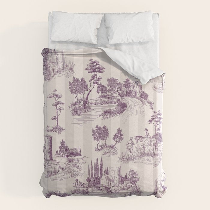 Toile de Jouy French Vintage Pastoral Plum & Cream Stripe Duvet Cover Gallery Image 1