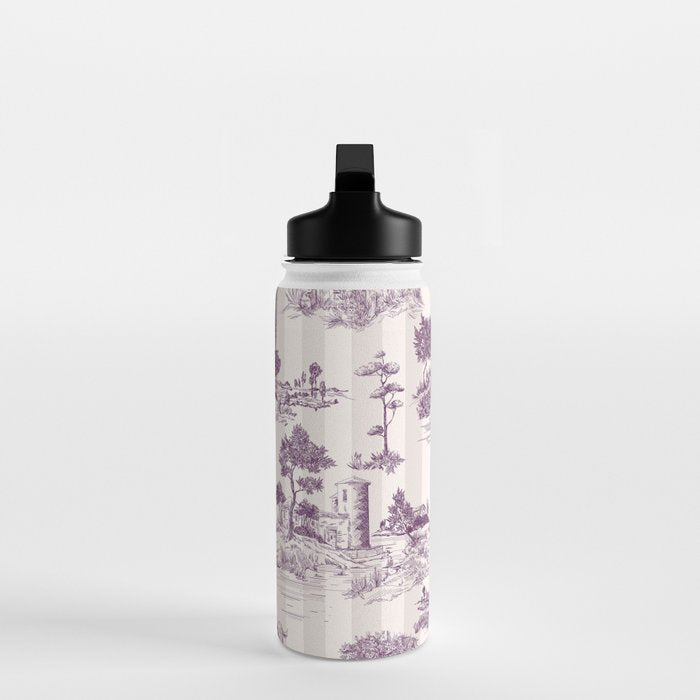 Toile de Jouy French Vintage Pastoral Plum & Cream Stripe Water Bottle Gallery Image 3