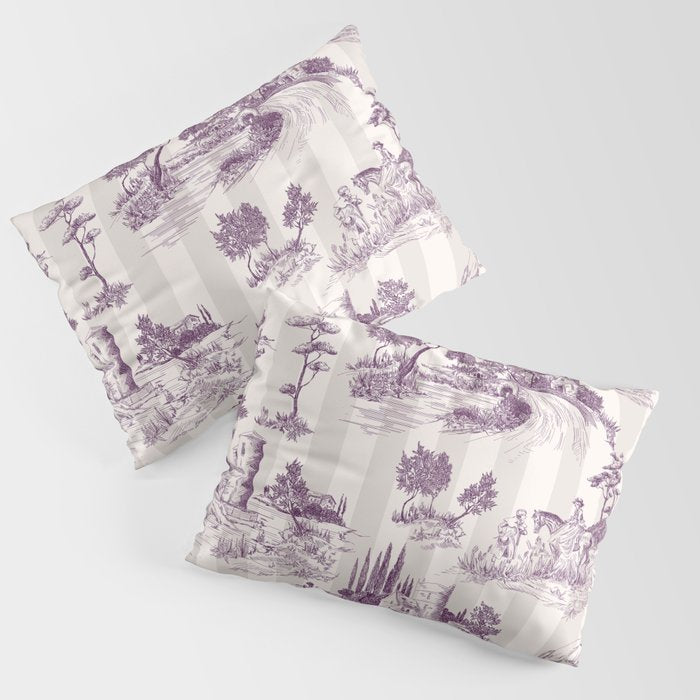 Toile de Jouy French Vintage Pastoral Plum & Cream Stripe Pillow Sham Gallery Image 1