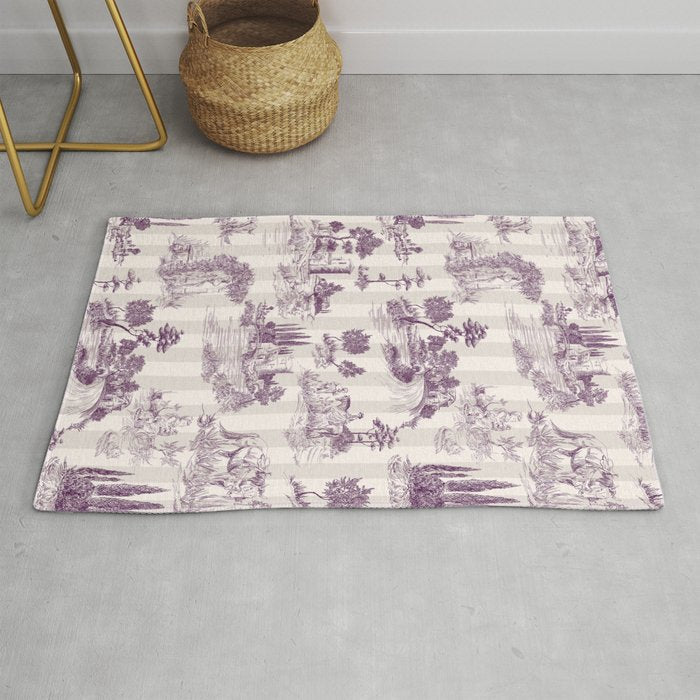 Toile de Jouy French Vintage Pastoral Plum & Cream Stripe Rug Gallery Image 1