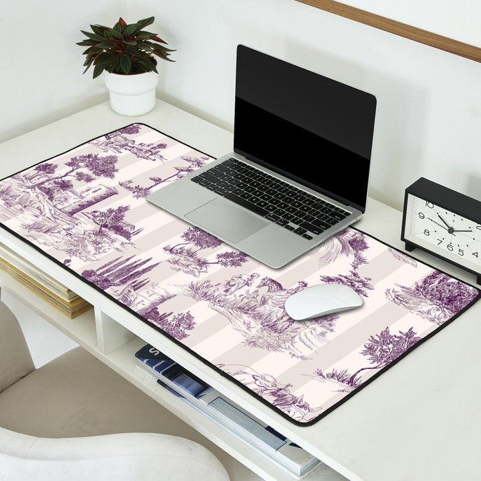 Toile de Jouy French Vintage Pastoral Plum & Cream Stripe Desk Mat Gallery Image 2