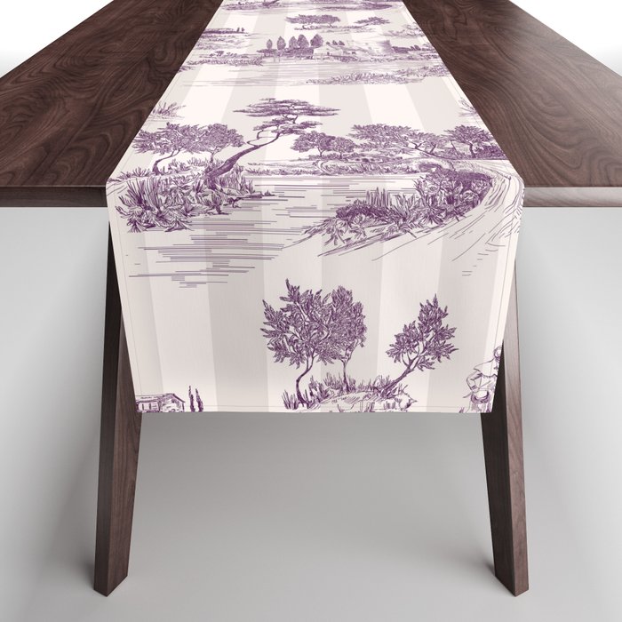 Toile de Jouy French Vintage Pastoral Plum & Cream Stripe Table Runner Gallery Image 1