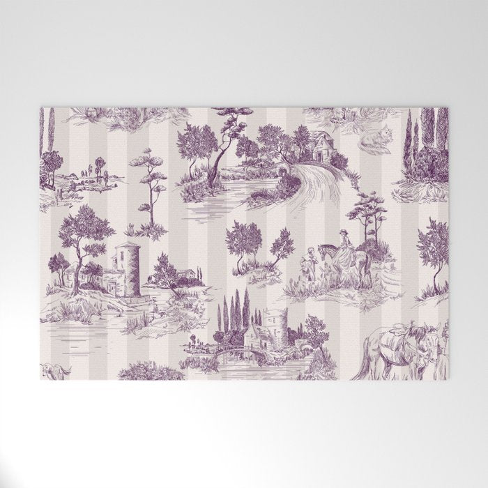 Toile de Jouy French Vintage Pastoral Plum & Cream Stripe Welcome Mat Gallery Image 1