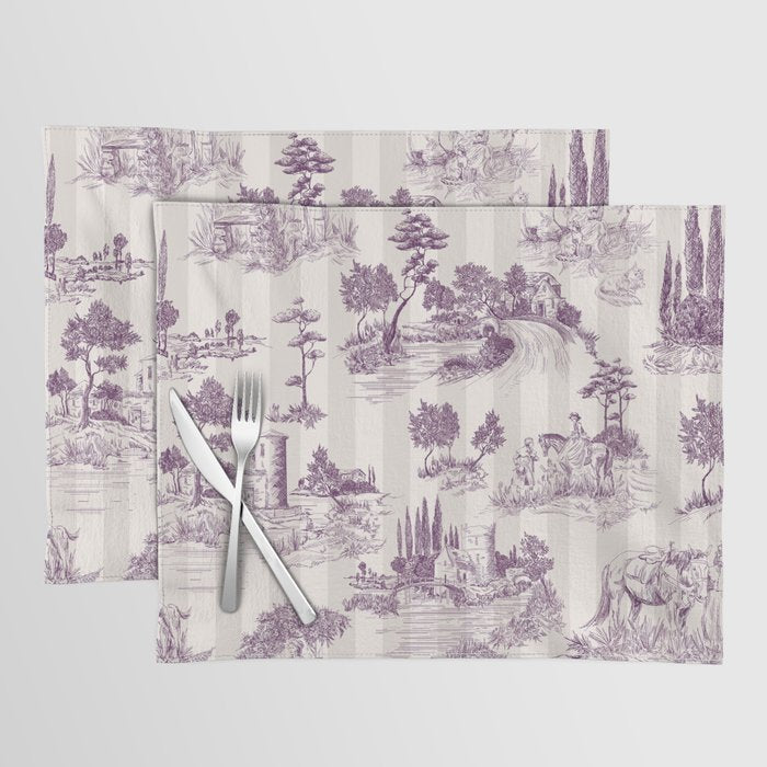 Toile de Jouy French Vintage Pastoral Plum & Cream Stripe Placemat Gallery Image 1