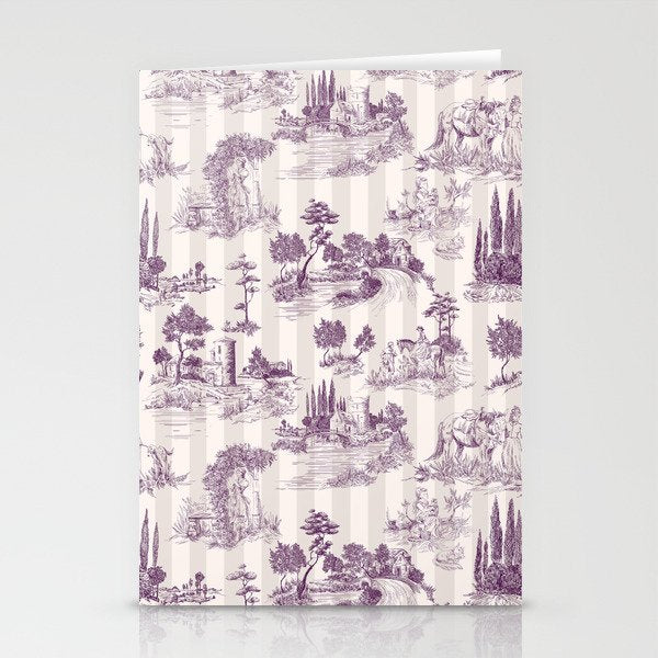Toile de Jouy French Vintage Pastoral Plum & Cream Stripe Stationery Card Gallery Image 2