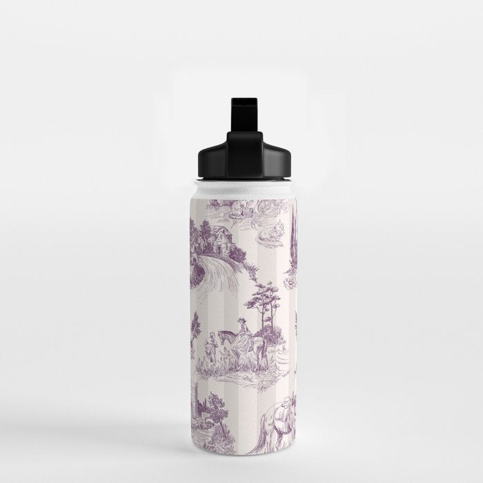 Toile de Jouy French Vintage Pastoral Plum & Cream Stripe Water Bottle Gallery Image 2