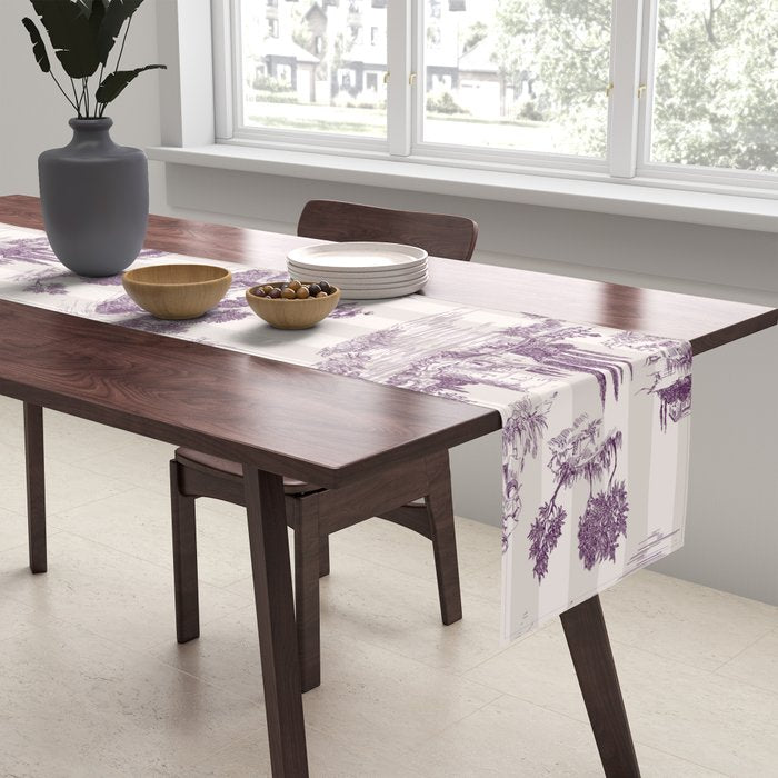 Toile de Jouy French Vintage Pastoral Plum & Cream Stripe Table Runner Gallery Image 2