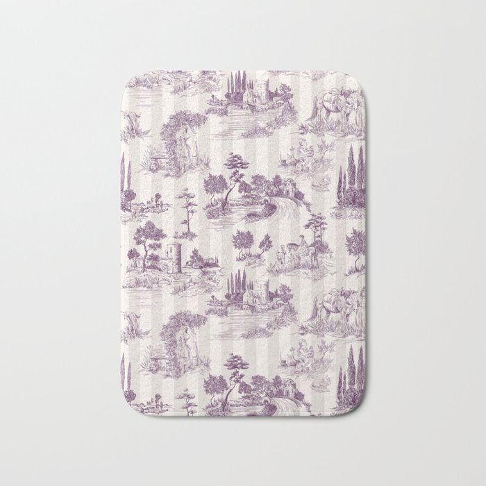 Toile de Jouy French Vintage Pastoral Plum & Cream Stripe Bath Mat Gallery Image 1