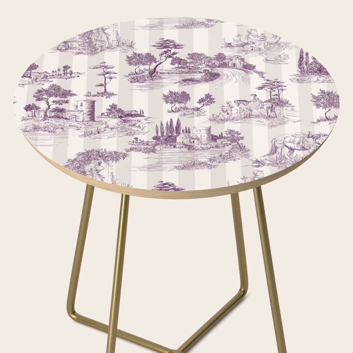 Toile de Jouy French Vintage Pastoral Plum & Cream Stripe Side Table Gallery Image 2