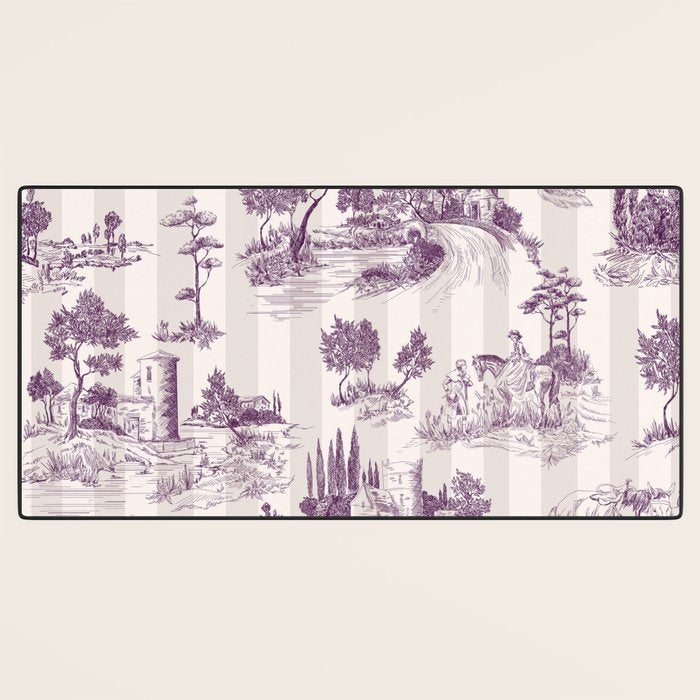 Toile de Jouy French Vintage Pastoral Plum & Cream Stripe Desk Mat Gallery Image 3