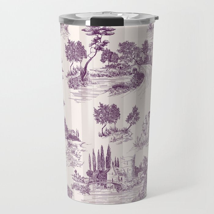 Toile de Jouy French Vintage Pastoral Plum & Cream Stripe Travel Mug Gallery Image 1