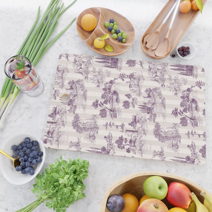 Toile de Jouy French Vintage Pastoral Plum & Cream Stripe Cutting Board Gallery Image 2