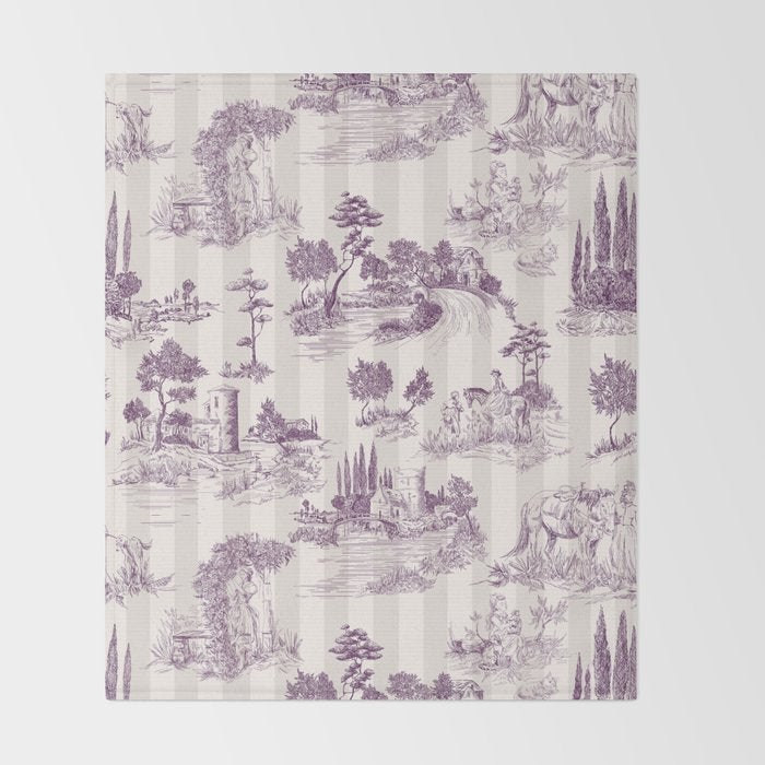Toile de Jouy French Vintage Pastoral Plum & Cream Stripe Throw Blanket Gallery Image 2