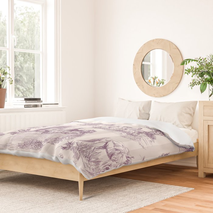 Toile de Jouy French Vintage Pastoral Plum & Cream Stripe Duvet Cover Gallery Image 2