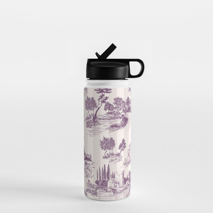 Toile de Jouy French Vintage Pastoral Plum & Cream Stripe Water Bottle Gallery Image 1