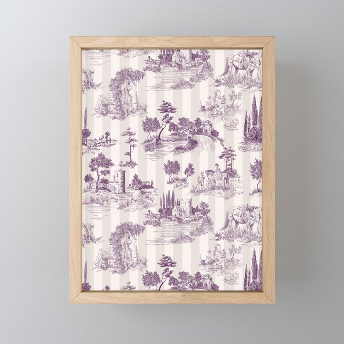 Toile de Jouy French Vintage Pastoral Plum & Cream Stripe Mini Art Print Gallery Image 1