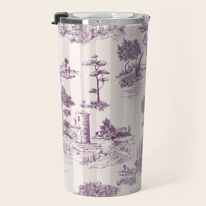 Toile de Jouy French Vintage Pastoral Plum & Cream Stripe Travel Mug Gallery Image 3
