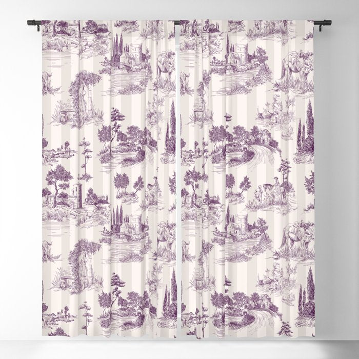 Toile de Jouy French Vintage Pastoral Plum & Cream Stripe Window Curtain Gallery Image 1
