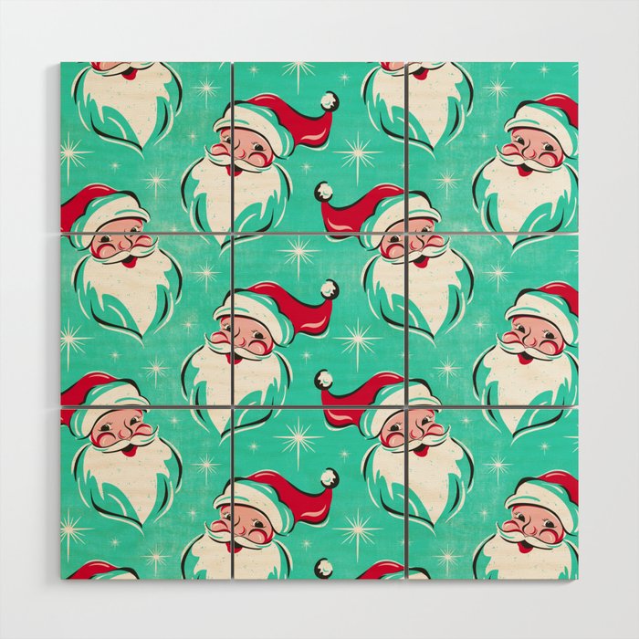 'Tis The Season Retro Santa Aqua Multi Pattern Wood Wall Art Gallery Image 1