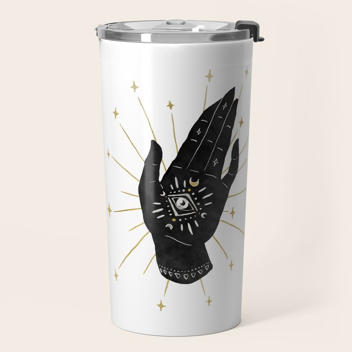 Mystic Hand with Eye - Black and Gold Ink Travel Mug Gallery Image 2