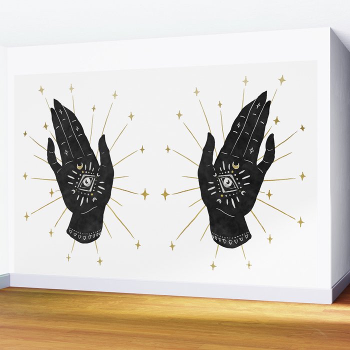 Mystic Hand with Eye - Black and Gold Ink Wall Mural Gallery Image 2