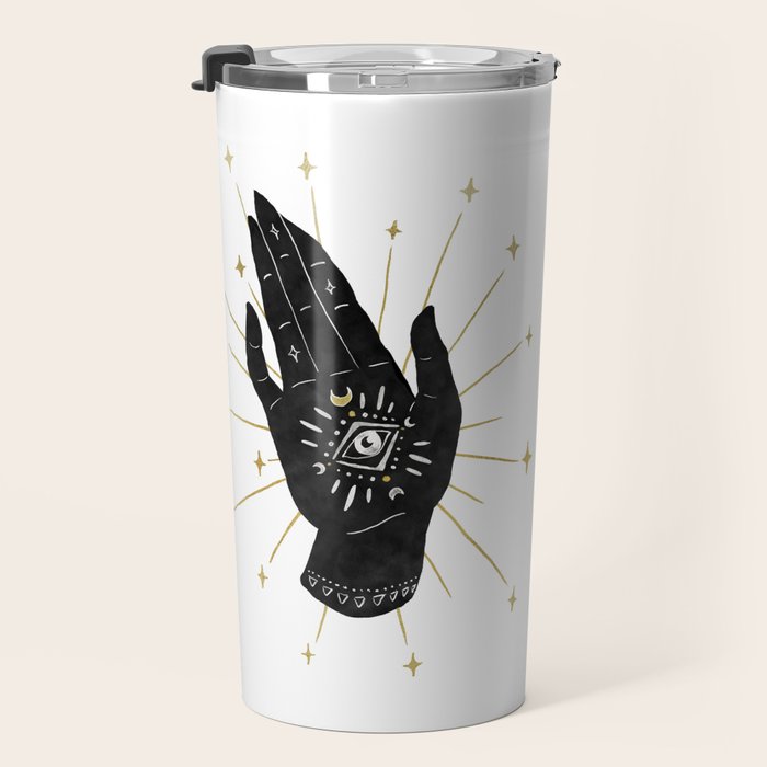Mystic Hand with Eye - Black and Gold Ink Travel Mug Gallery Image 3