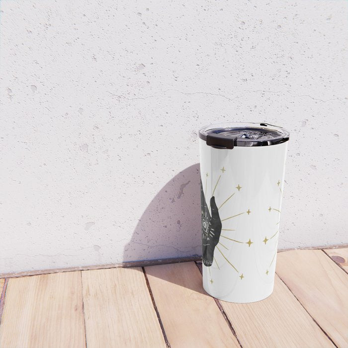 Mystic Hand with Eye - Black and Gold Ink Travel Mug Gallery Image 4