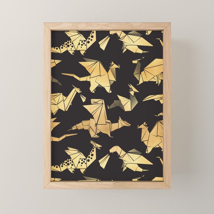 Origami metallic dragon friends // black background golden fantasy animals Mini Art Print Gallery Image 1