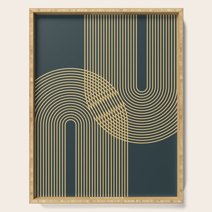 Geometric Lines Rainbows 19 in Slate Blue Gold Serving Tray Gallery Image 1