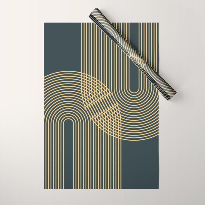 Geometric Lines Rainbows 19 in Slate Blue Gold Wrapping Paper Gallery Image 1