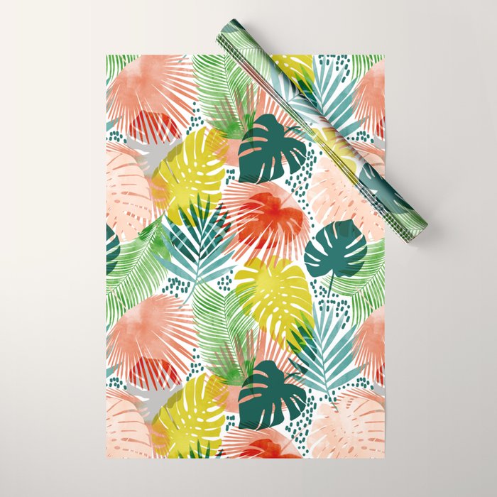 Tropical Garden, Botanical Colorful Jungle Watercolor Painting, Monstera Palm Nature Blush Bohemian Wrapping Paper Gallery Image 1