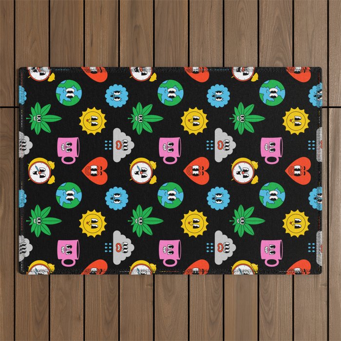 Funny retro cartoon sticker art pattern Outdoor Rug Gallery Image 1