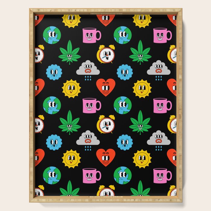 Funny retro cartoon sticker art pattern Serving Tray Gallery Image 1