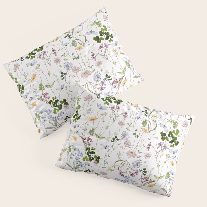 Hand Painted Watercolor Springflowers And Herbs Meadow  Pillow Sham Gallery Image 3