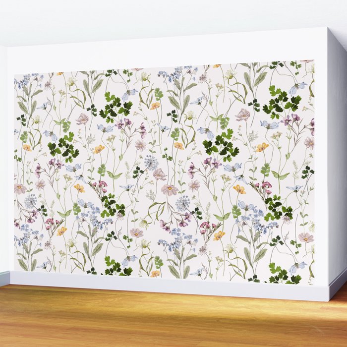 Hand Painted Watercolor Springflowers And Herbs Meadow  Wall Mural Gallery Image 2