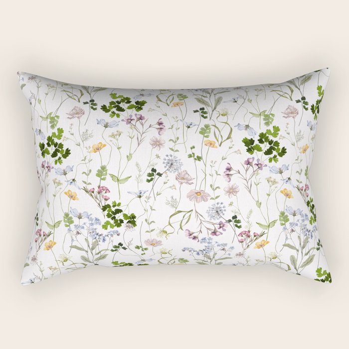 Hand Painted Watercolor Springflowers And Herbs Meadow  Rectangular Pillow Gallery Image 1